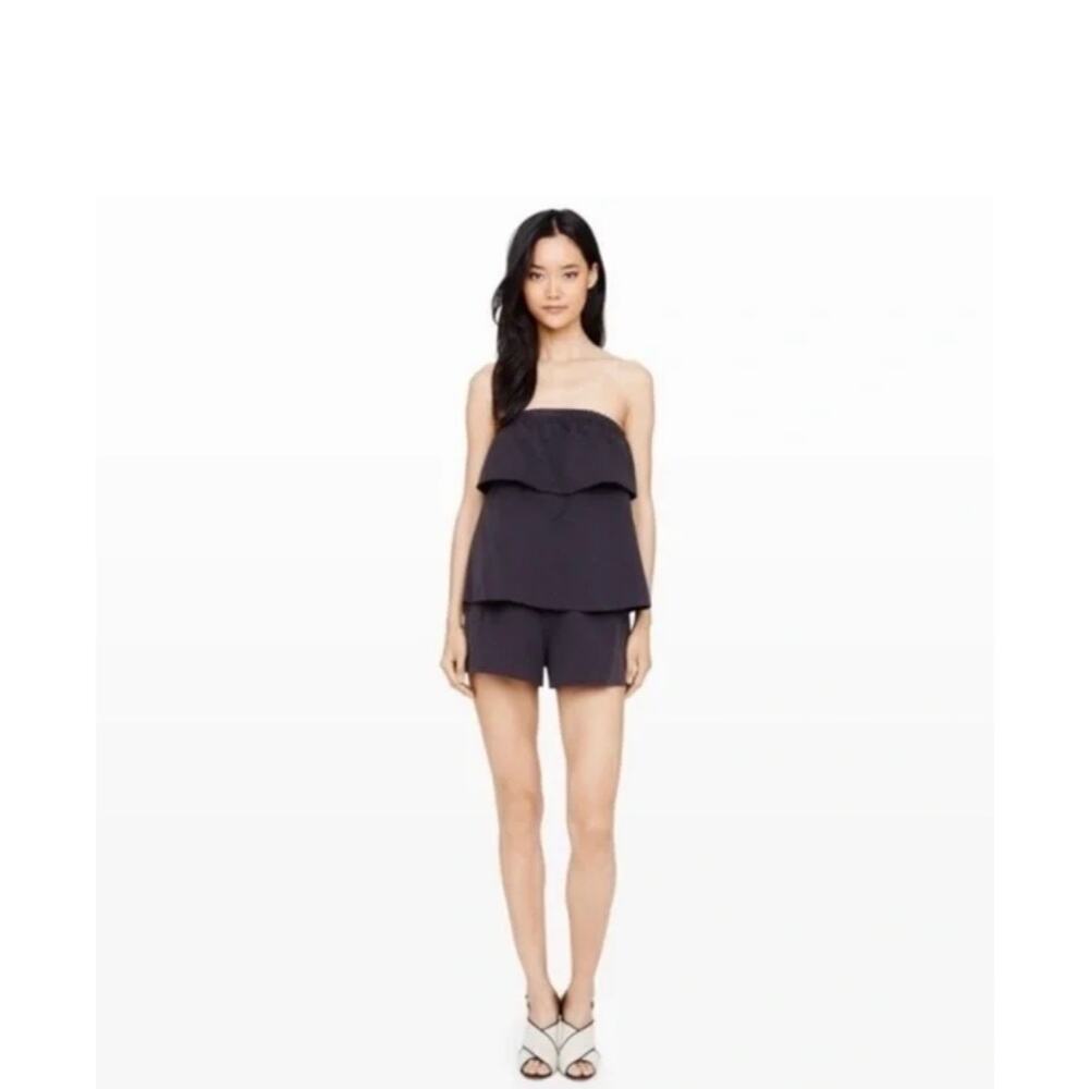 Club Monaco Leele Romper Tiered Ruffle Strapless Pocket Romper Dark Gray 2